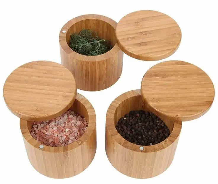 Natural Bamboo Salt Cellar Spice Container Seasoning Pepper Wooden Salt Box Bamboo Salt Box With Mini Spoon
