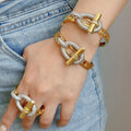 Maiou Trendy Designer Vintage Luvury Gold and Silver Mixed Shiny Zircon Inset OT Clasp Bangle and Rings Set for Women Jewelry