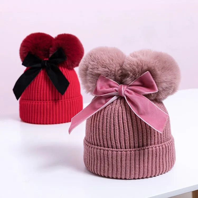 Wholesale Stylish Cute Double Ball Bowknot Cute Baby Girls Autumn Winter Plain Unisex Boys Children Knitted Beanie Hat for Kids MegaBDM