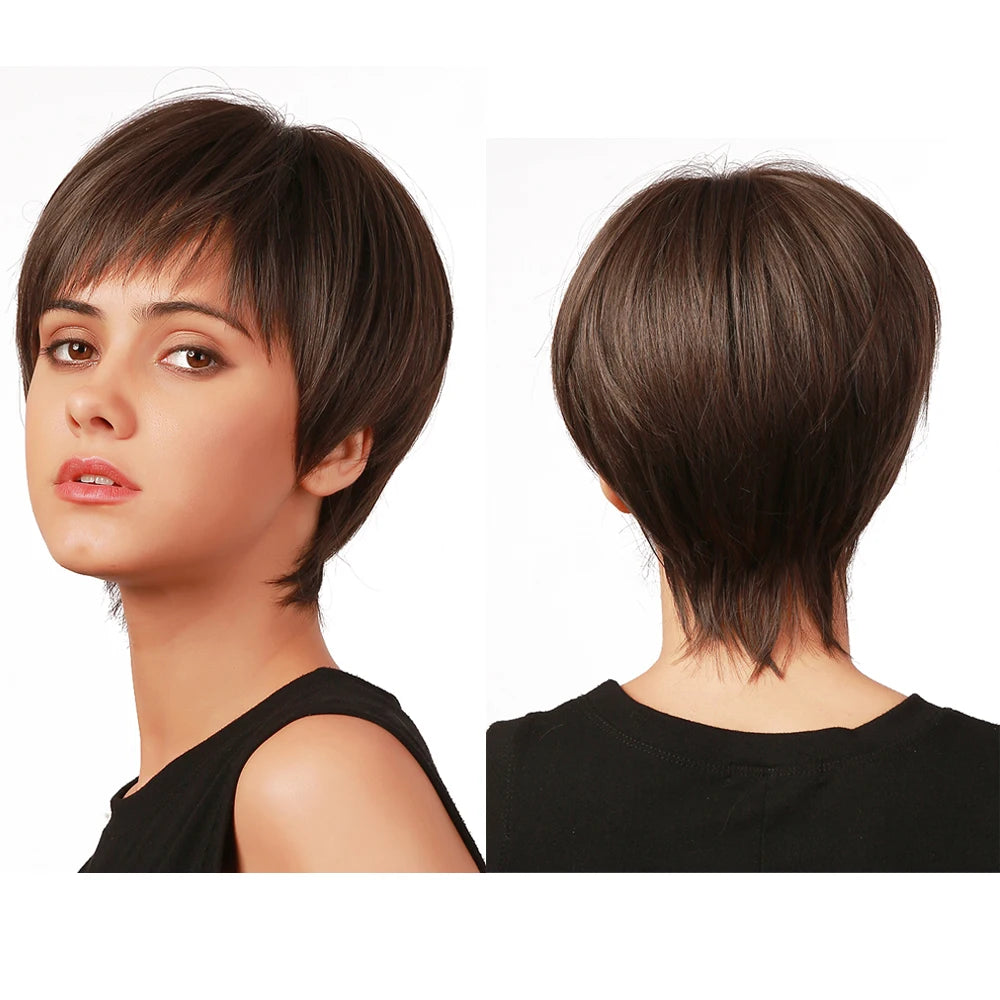 Synthetic Wig Short Straight Brown Black Bob Wigs with Bangs for Woman Daily High Temperature Fiber