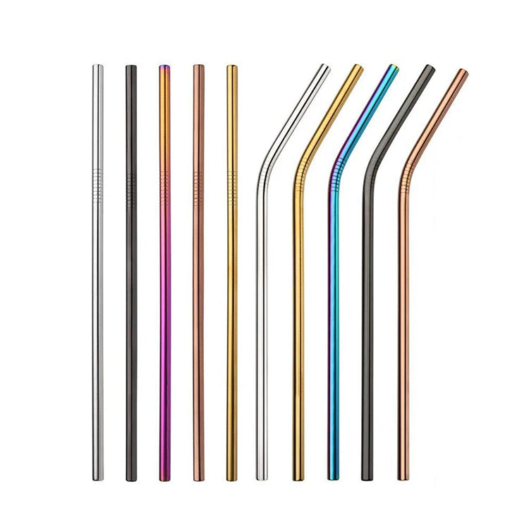 Long 6mm Curved Straight Food Grade Stainless Steel Drinking Straws Smooth Non-slip Reusable Straw Cleaning Brush