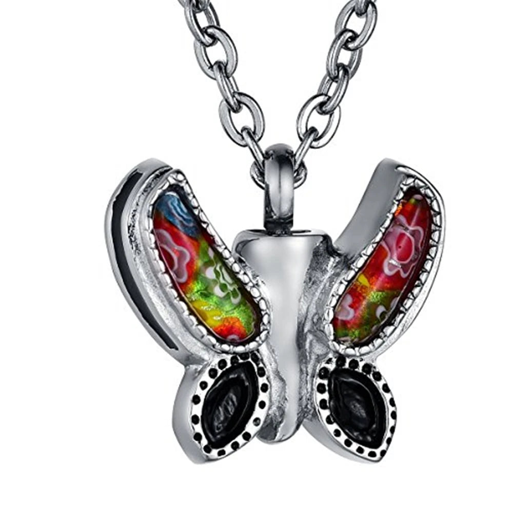 Murano Butterfly Christian Stainless Steel Silver Plated Urn Pendant Necklace Holder Keepsake Memorial Locket Cremation Ashes