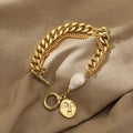 Multi-layer Face Cuban Chain 14K Real Gold Plated Pendant Bracelets for Women Jewelry Baroque Pearl Bracelet