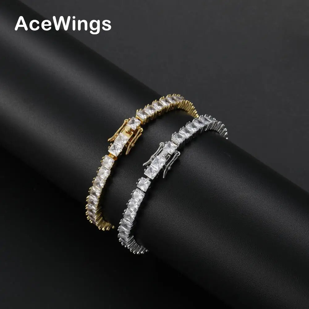 BB208   4mm Square CZ Bracelet   Brass Zircon Tennis Chain   Hip Hop Bling  Bling  Jewelry