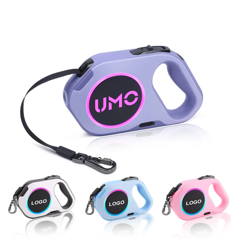 Custom Logo Bright LED Flash Light up Nylon Adjustable Slip Lead Rope Automatic Retractable Dog Leash