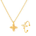 Stainless Steel Niche Jewelry Set 18k Gold Plated Four Petal Flower Colored Zircon Pendant Necklace Open Ring YF6115