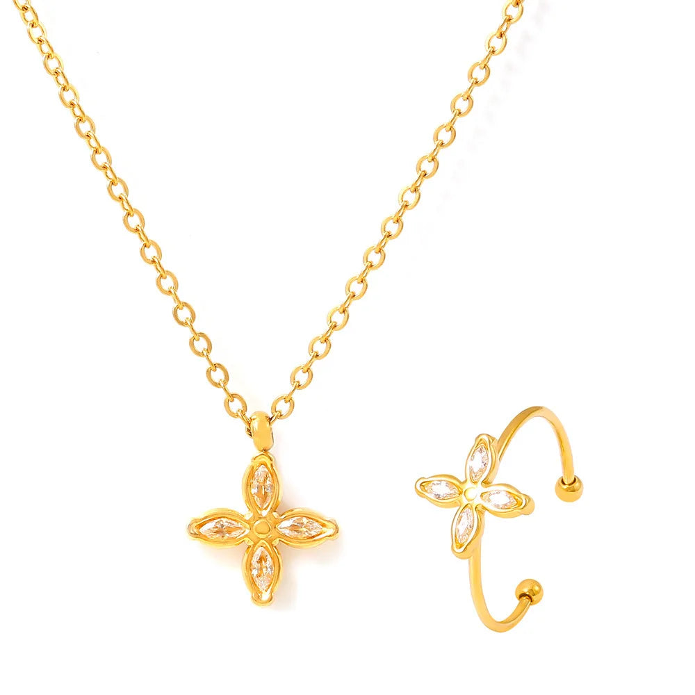 Stainless Steel Niche Jewelry Set 18k Gold Plated Four Petal Flower Colored Zircon Pendant Necklace Open Ring YF6115