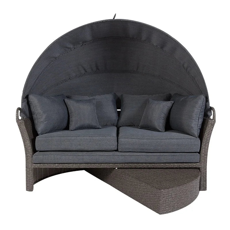 Aluminum Frame PE Rattan Outdoor Furniture Foldable Round Sofa Bed Recliner Day Bed for Courtyard Park Villa