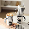 Wholesale Custom White New Bone China Large Capacity Decals Lines Ceramic Coffee Mugs Office Porcelain Tea Cup with Lid
