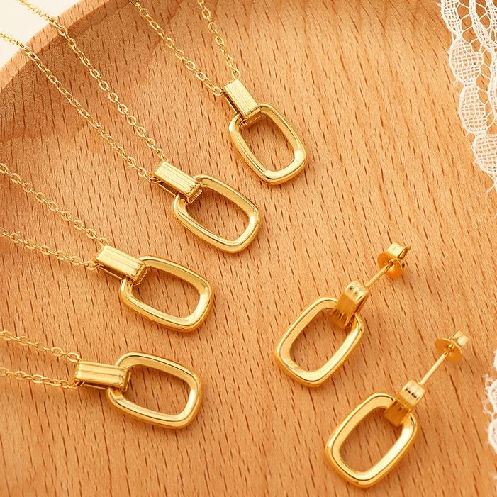 Trendy Dainty 18k Gold Plated Simple Earring and Necklaces Set Stainless Steel Necklace Design Jewelry
