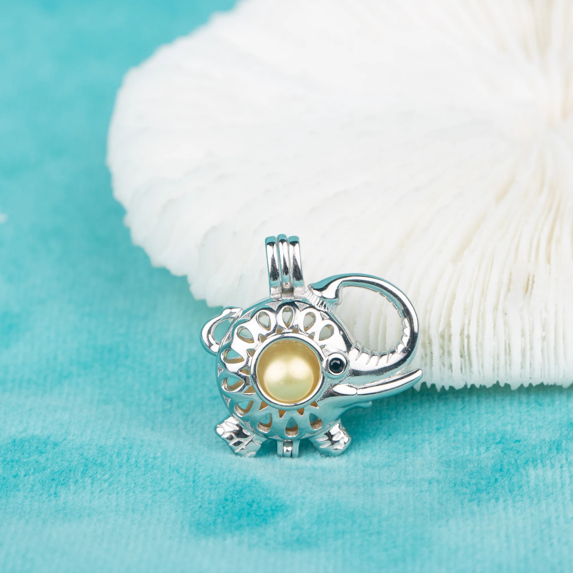 C030014 Sterling Silver Elephant Shape Freshwater Pearl Cage Pendant Necklace Jewelry Locket for Pearl Party