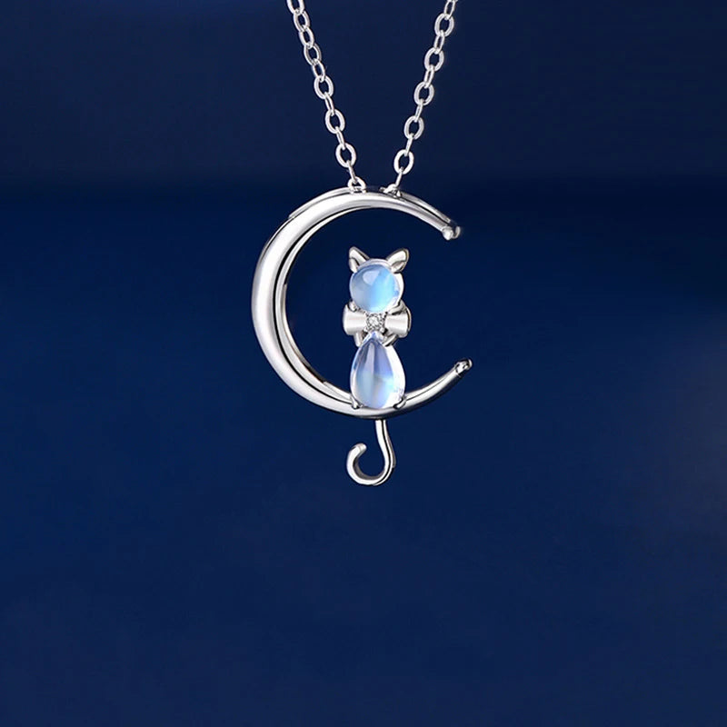 Moon Cat Jewelry 925 Sterling Silver Moonstone Dainty Moon Cat Pendant Necklace for Women Girls