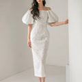 Wholesale 2026 Summer Vietnamese Style One Line Neck Lantern Sleeve Waist White Lace Wrapped Hip Women's Dress