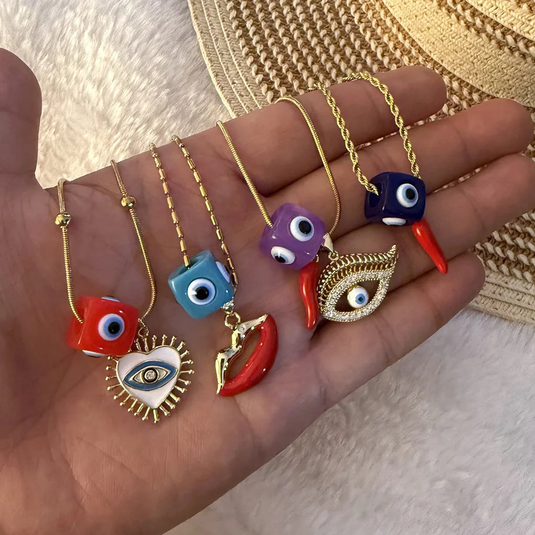 Square Evil Eye Necklace for Women 18k Gold Stainless Steel Chain Jewelry Vintage Chili Pepper Lip Charm Necklace