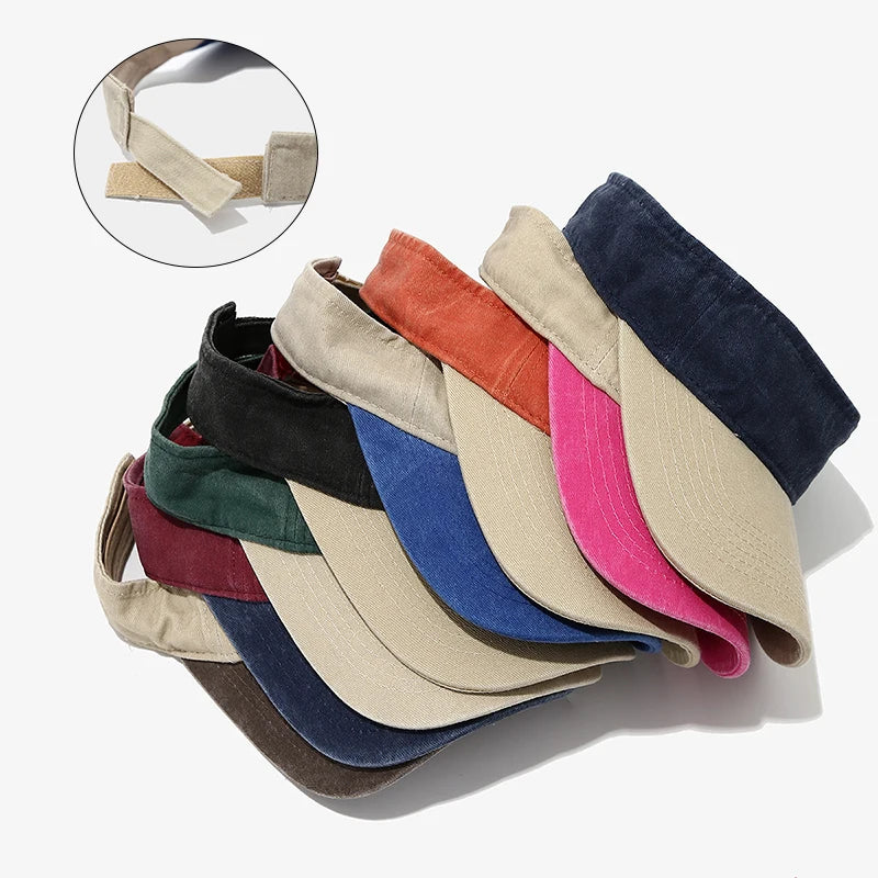 Breathable Acid Washed Adjustable Open-Top Running Cap Vintage Distressed Two Tone Visor for Summer Outdoor Activities