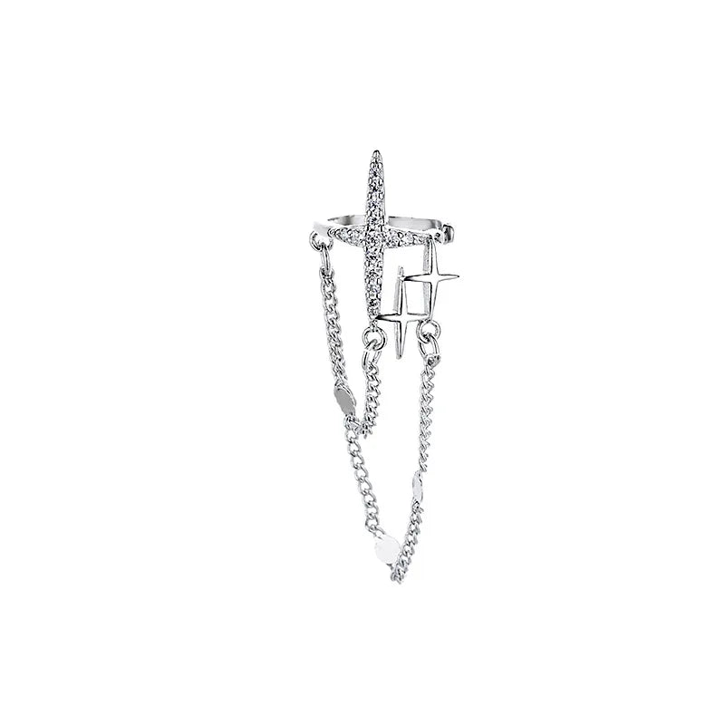 Flash Diamond Star Chain Ear Clip on Earrings Simple Design Long Star Earrings Without Ear Holes Ear Bone Clip Earrings Women
