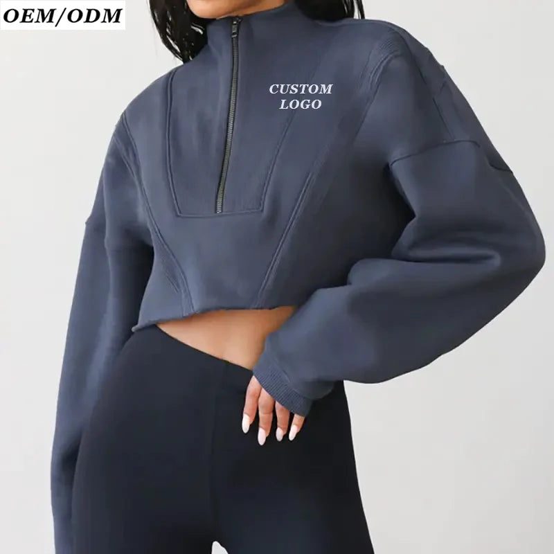 Women's Loose Fit Long Sleeve Sweatshirt Embroidered Half-Zipper Terry Ribbed Trim Cropped Design Wholesale Price for Autumn