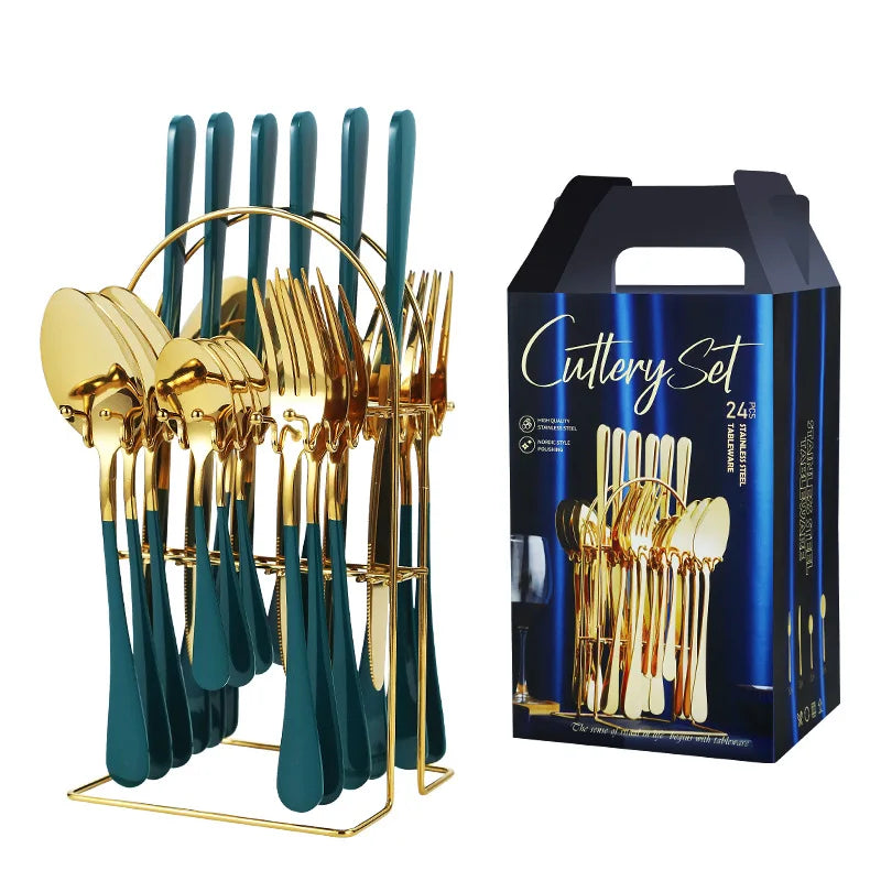 Chenfan Luxury Stainless Steel 24 Pcs Flatware Gift With Box Gold Silverware Wholesale Fork Knife Spoons Kitchen Cutlery Set