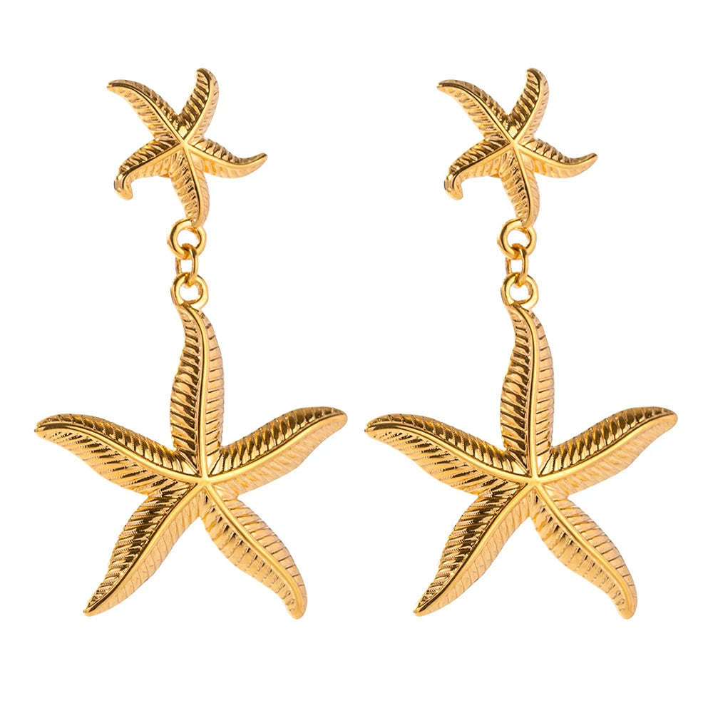 Double Sea Star Pendant Earring 18K PVD Gold Plated Stainless Steel Gorgeous Summer Star Drop Earring for Women