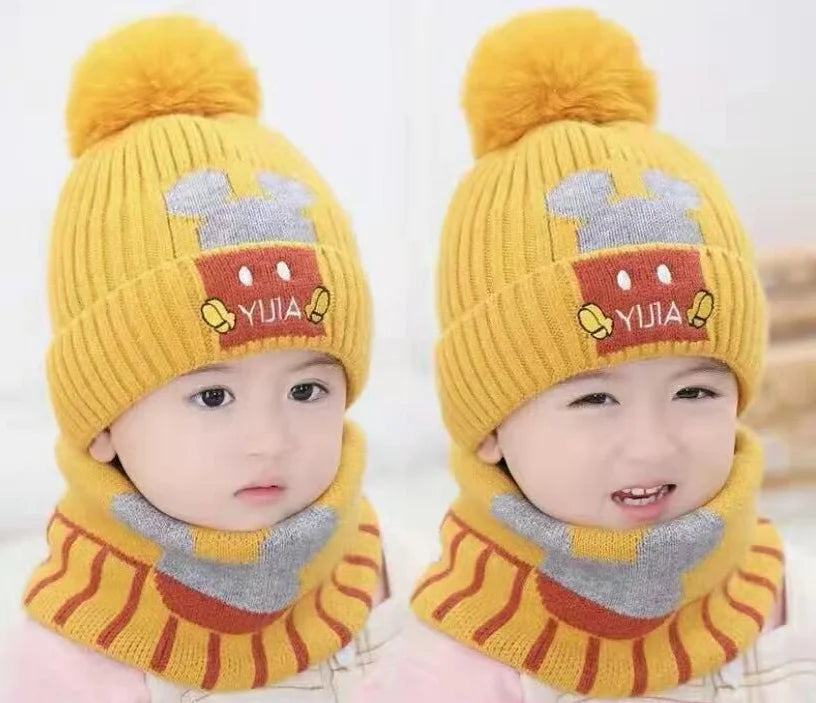 Mouse Cute Design Baby Winter Knitted Hat Kid Knitted Hat and Scarf Set