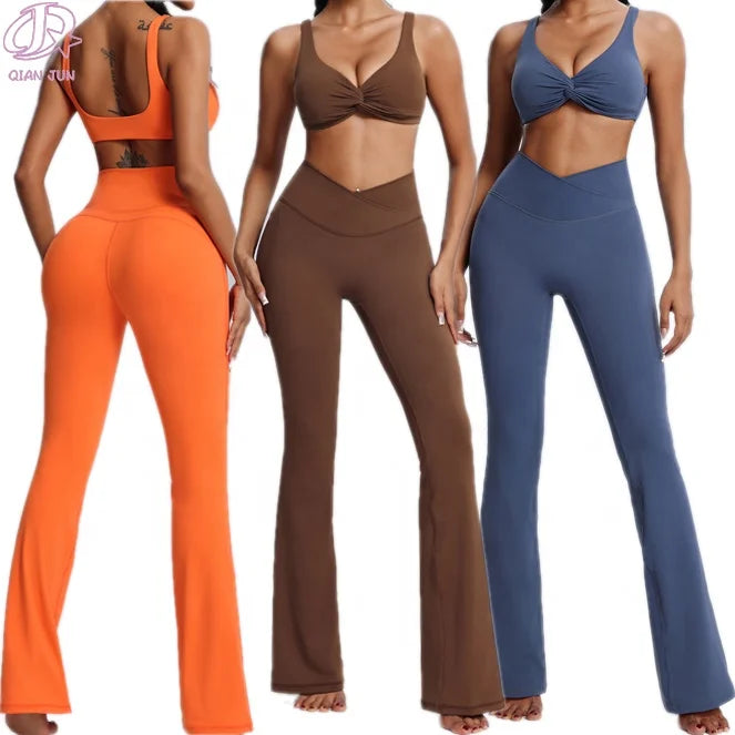 Wholesale Gym Fitness Yoga 2-Piece Set Quick Dry Gym Yoga Suit Solid Color Sports Set With Chest Pad