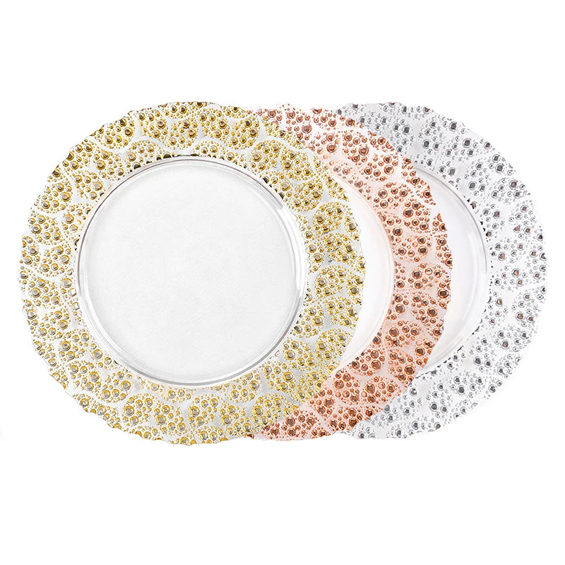 Best Sales Sprayed Pink Gold Color Sliver Leaf Rim Pattern 13 Inch Wedding Charger Plates Set for Catering Plate Set Tableware