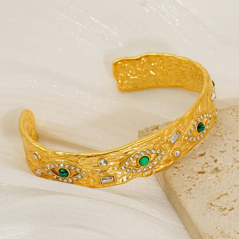 Vintage Gold Plated Green Natural Stone Made China Dongguan Geometric Design Leather Stainless Steel Certified Cuff Bracelet