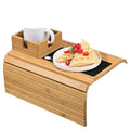 Double Tier Bamboo Sofa Armrest Tray-Lacquered Anti-Slip Foldable with Large Mug Holder for Home Kitchen & Living Room