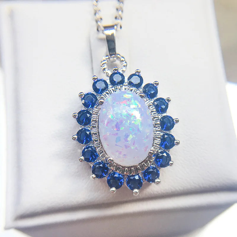 New Design Big Oval Stone Blue Fire Opal Necklaces Women Engagement Necklace Female Wedding Jewelry