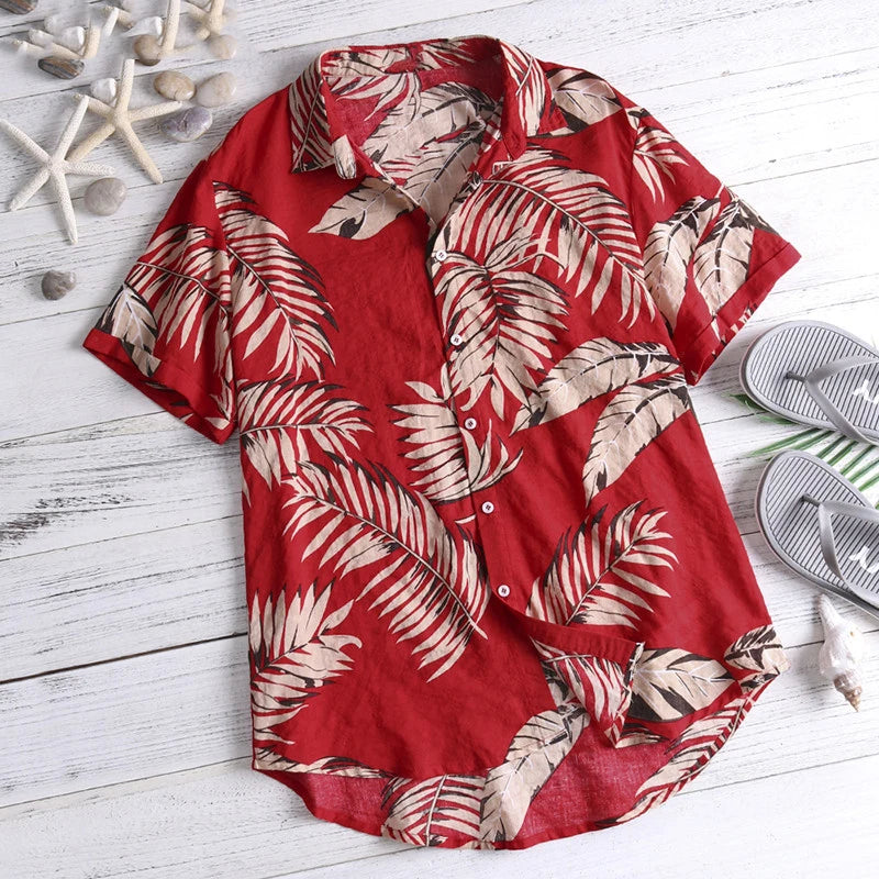 Summer Hawaiian Red Shirts Tropical Shirts Floral Men Tops Casual Shirt Short Sleeve Cotton Button Chemise Loose Vacation Beach