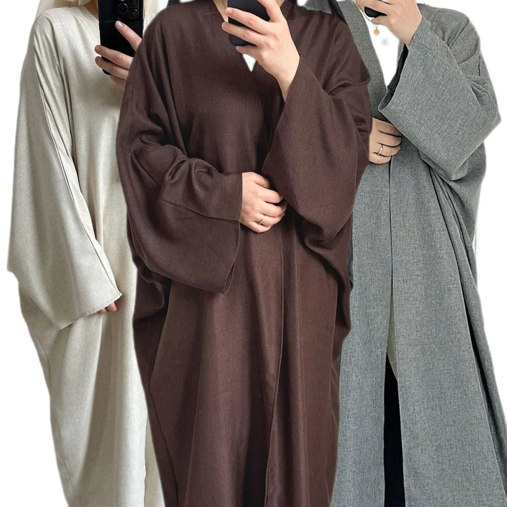 Muslim Plain Cardigan Ramadan EID Islamic Clothing Dubai Linen Kimono Long Sleeve Solid Front Open Abaya