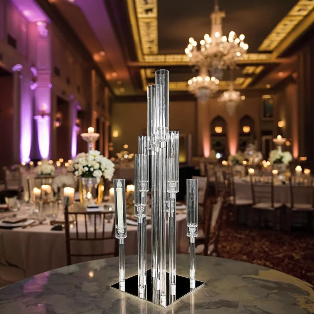 Low MOQ Can Be Customized European Wedding Centerpiece Transparent 9-arm Crystal Candlestick clear Acrylic Wedding Road Guide