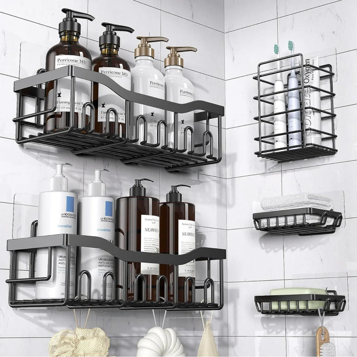 Large Capacity Metal Shower Organizer 5-Piece Set Easy No Drill Installation for Bathroom