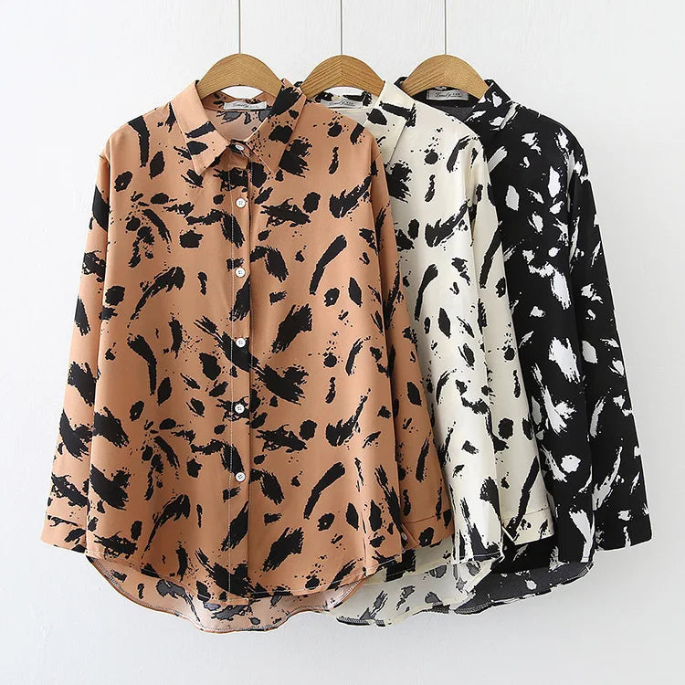 New Women Casual T-shirt Long Sleeve Single Breasted Loose Blouse Spring Summer Lady Fashion Print Shirt Top