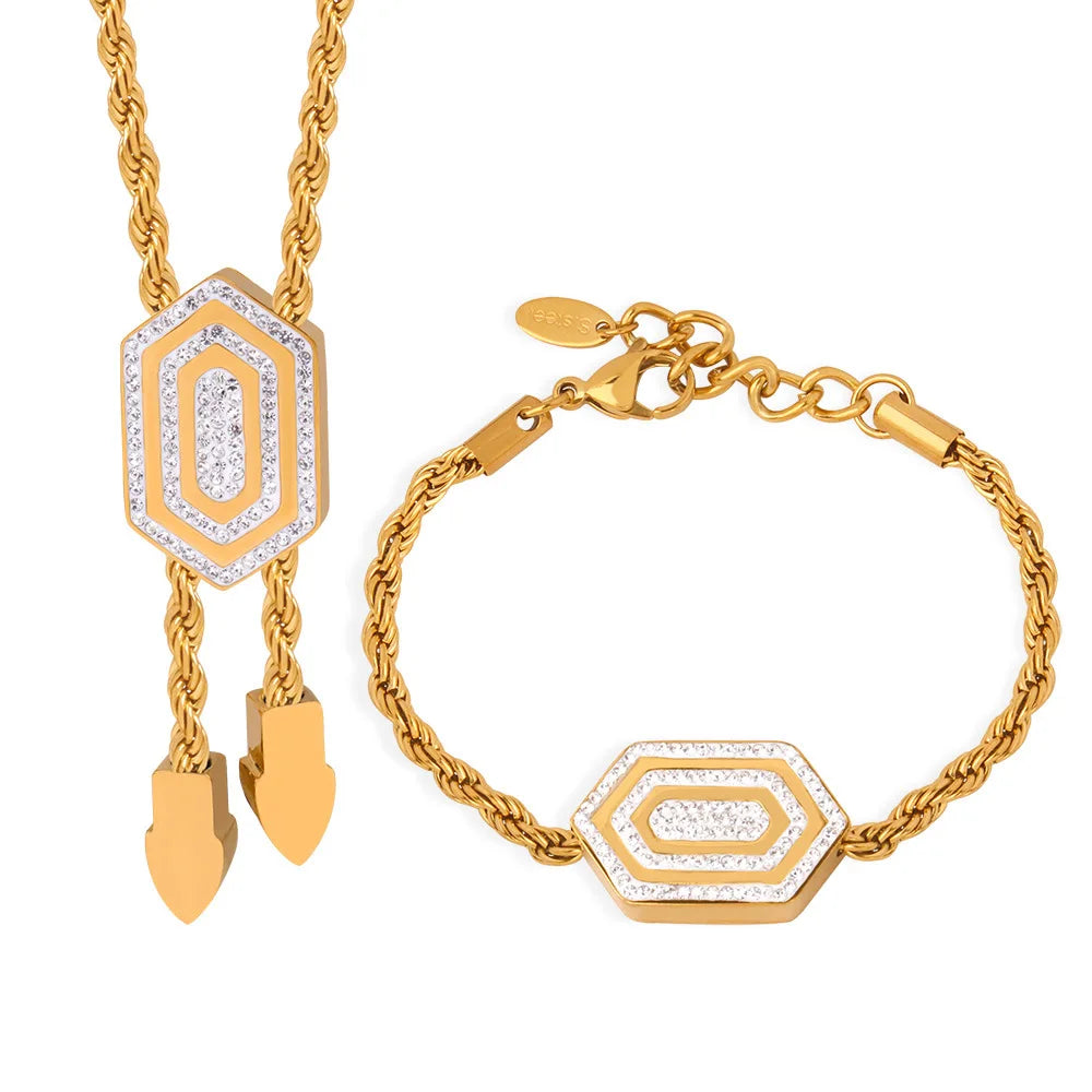 2024 New Design Stainless Steel Jewelry Set Tarnish Free 18k Gold Plated Hexagon Zircon Necklace Bracelet Set for Women