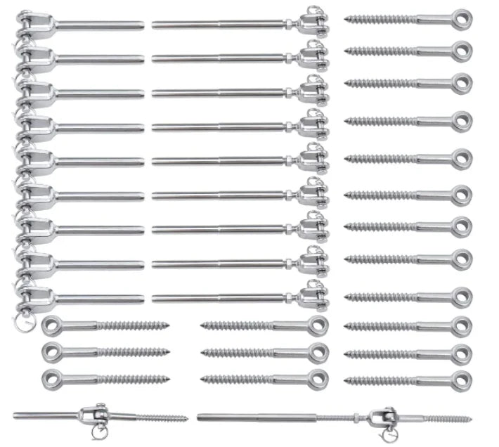 Fork Terminal Lag Screw Eye T316 Stainless Steel Cable Railing Kits for 1/8" Wire Rope Jaw Swage Stud Turnbuckle