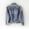 Hiking Print Embroidery LOGO Studded Rivet Pearl Women Denim Jacket Long Sleeve Fashion Jacket Big Pearl Denim Jacket