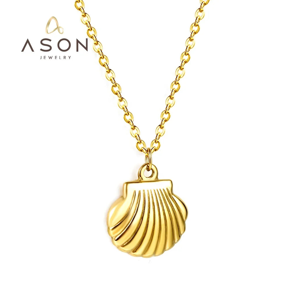 Ason Jewelry Fashion 18k Gold Plated Stainless Steel Initial Necklace Sea Shell Pendant Jewel Cowrie Shell Necklace for Women