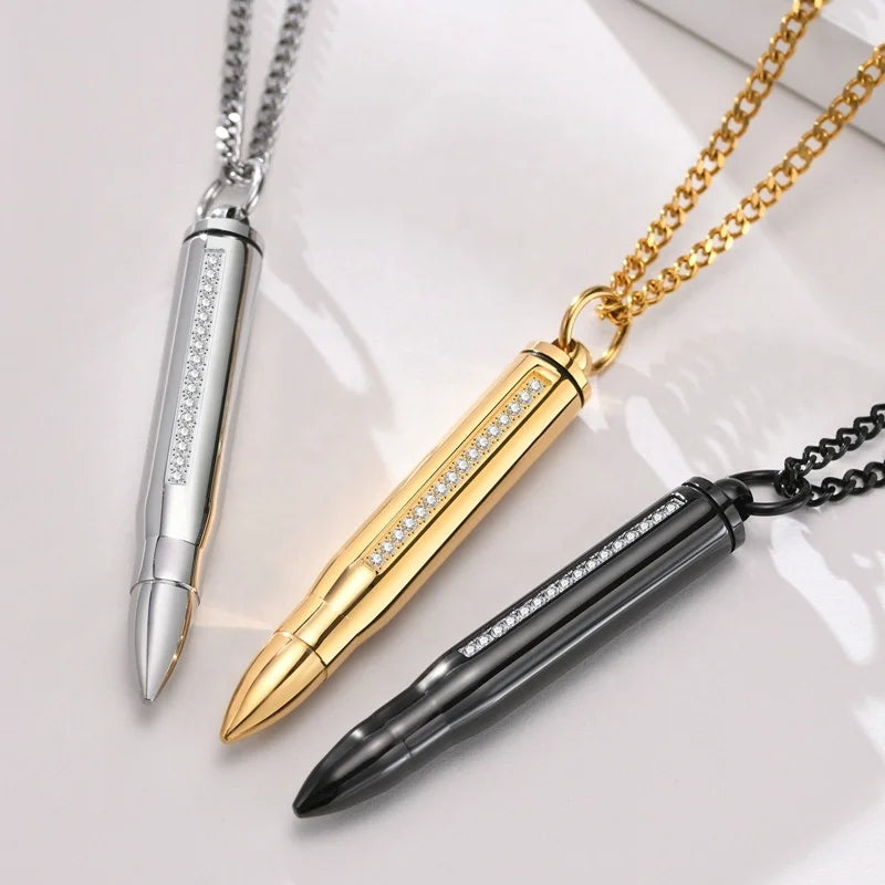 MECYLIFE Zirconia Luxury Locket Pendant Stainless Steel Open Bullet Ash Urn Cremation Necklace