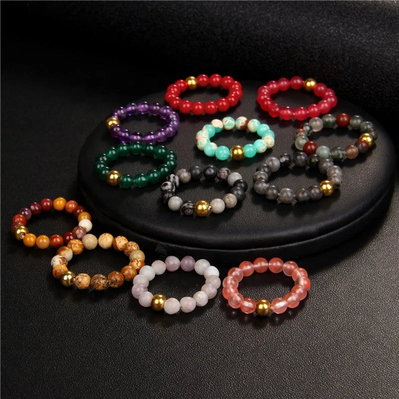 Handmade Natural Stone Ring Stainless Steel 18K Gold Silver Bead Gemstone Rings Boho Carnelian Crystal Beaded Ring for Women