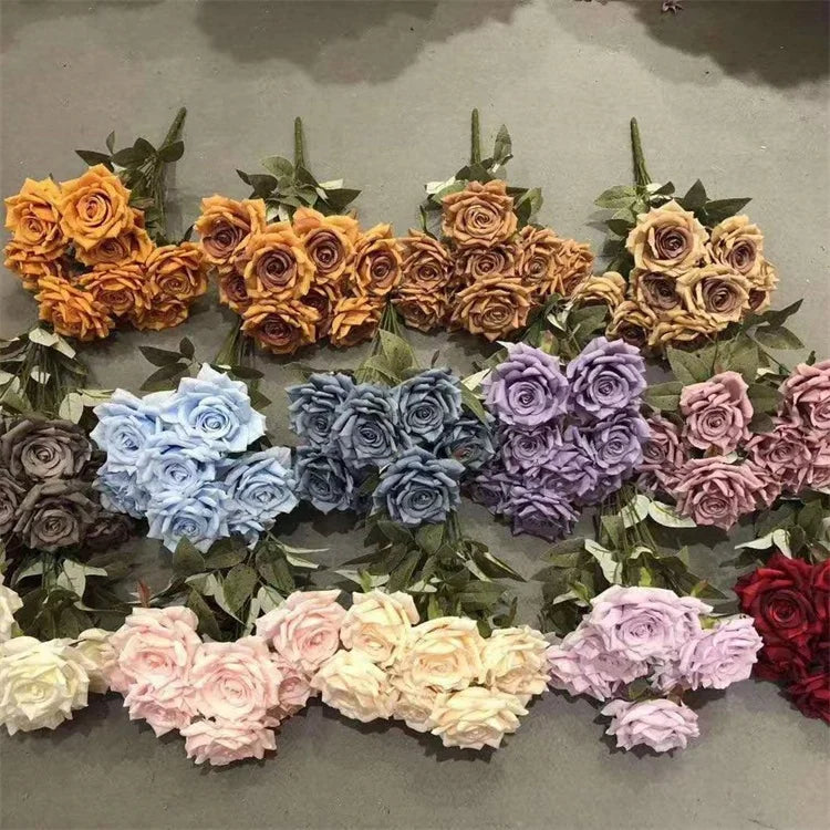 G-1073 Artificial Wedding Decoration Silk 9 Heads Rose Bouquets Flower Rose Bouquet Backdrop Flowers