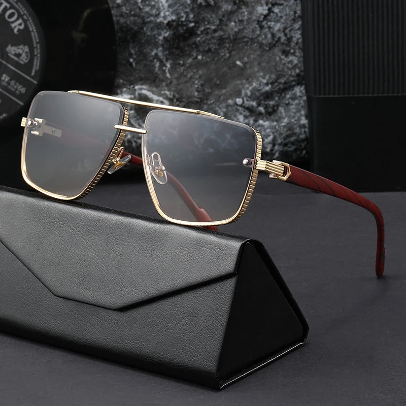 2026 New Wood Grain Leg Square Frame Sunglasses  Mens  Double Bridge Metal with UV400 Lenses Driving Shades