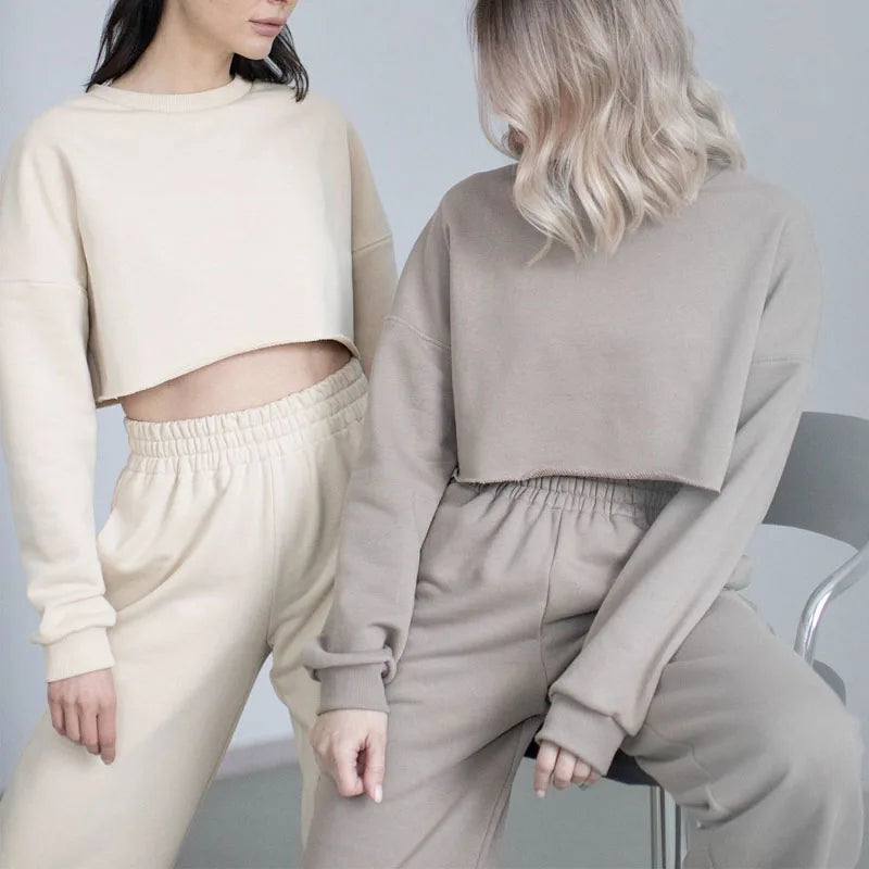 Custom Logo Women's Casual Loose Cotton Blank Cropped Crewneck Sweatshirt Good Quality Wide Leg Sweatpants Set for Women