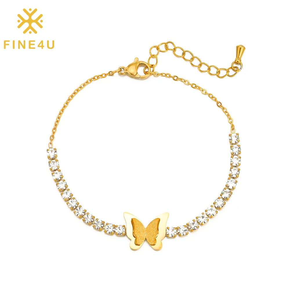 2024 Fashion 18K Gold Plated Stainless Steel Women Butterfly Rhinestone Diamond Zircon Tennis Bracelet