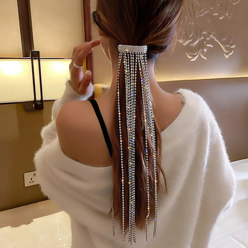 New Rhinestone Long Tassel Wedding Hairpiece Crystal Hair Jewelry for Women Bridal Hair Accessories