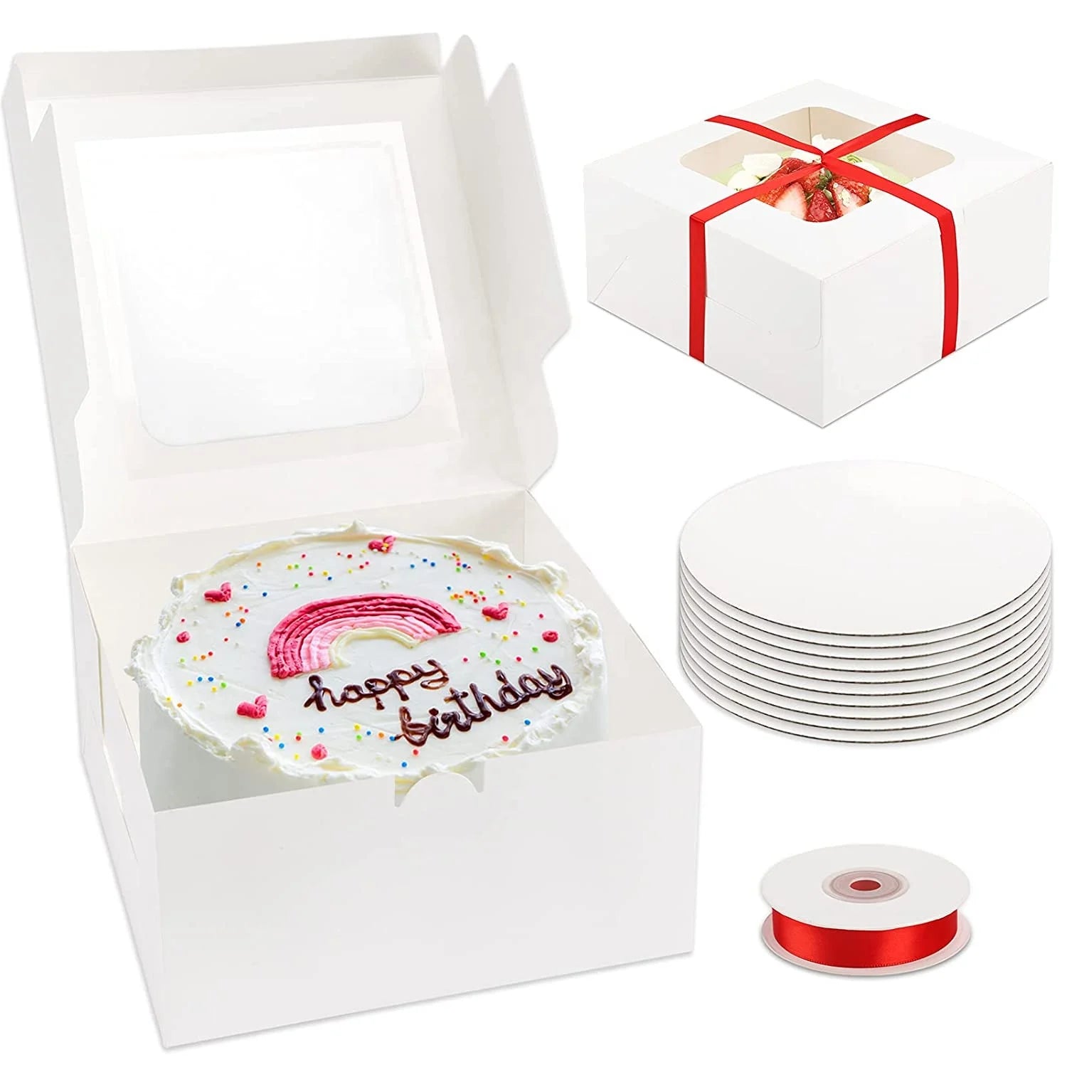 Cake Boxes 10 Sets 10x10x5 Inches Cake Boxes Sets with Red Ribbons