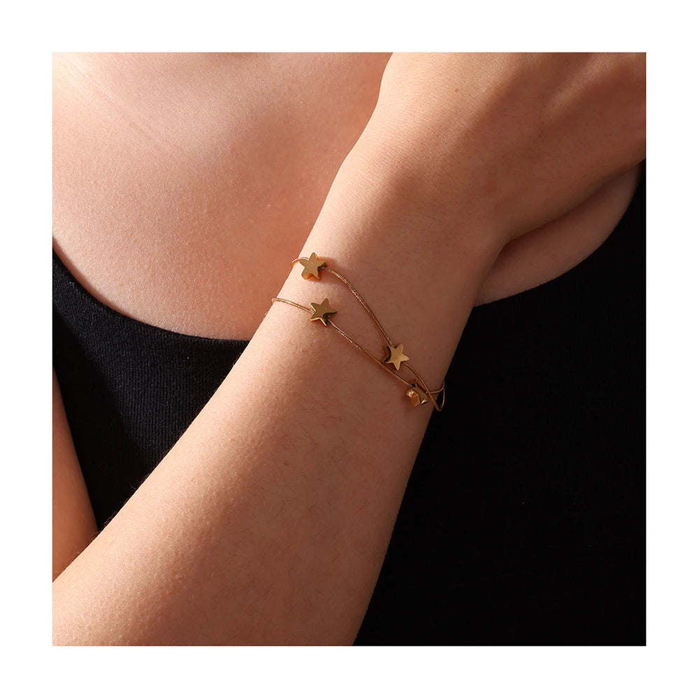Fashion Stainless Steel Double Layer Round Snake Chain Charm Five-pointed Star Pendant Thin Chain Bracelet 18K Gold Adjustable