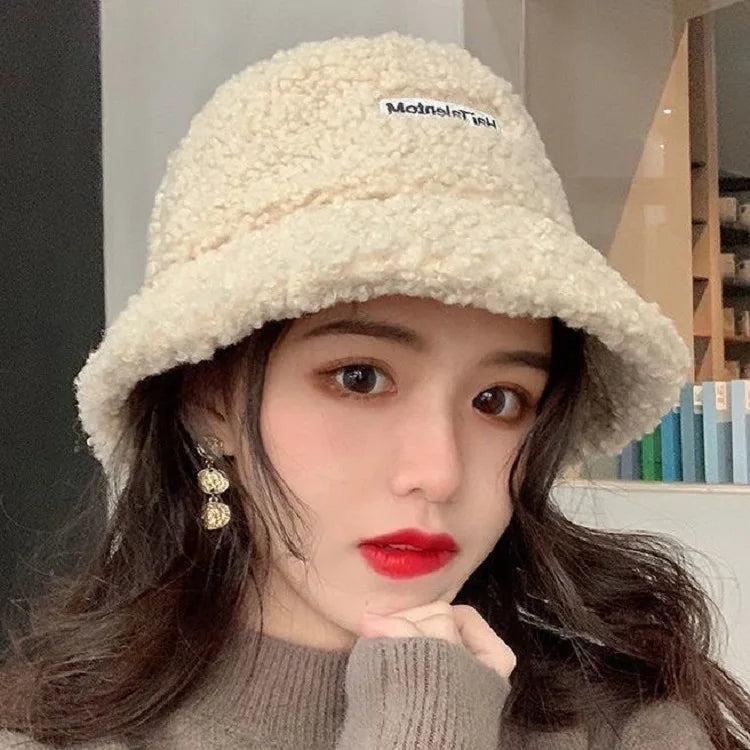 Women's Lamb Plush Knitted Hat for Autumn and Winter New Warm Basin Cap with Cotton Fabric Small Face Cover