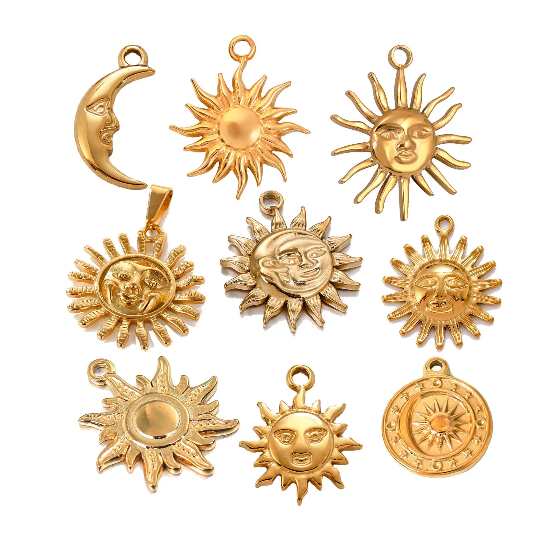 Vintage Women Fashion Sun Pendant Gold Plated Smile Face Sun Sunshine Pendants Stainless Steel Sunrise Sunset Pendant Charm