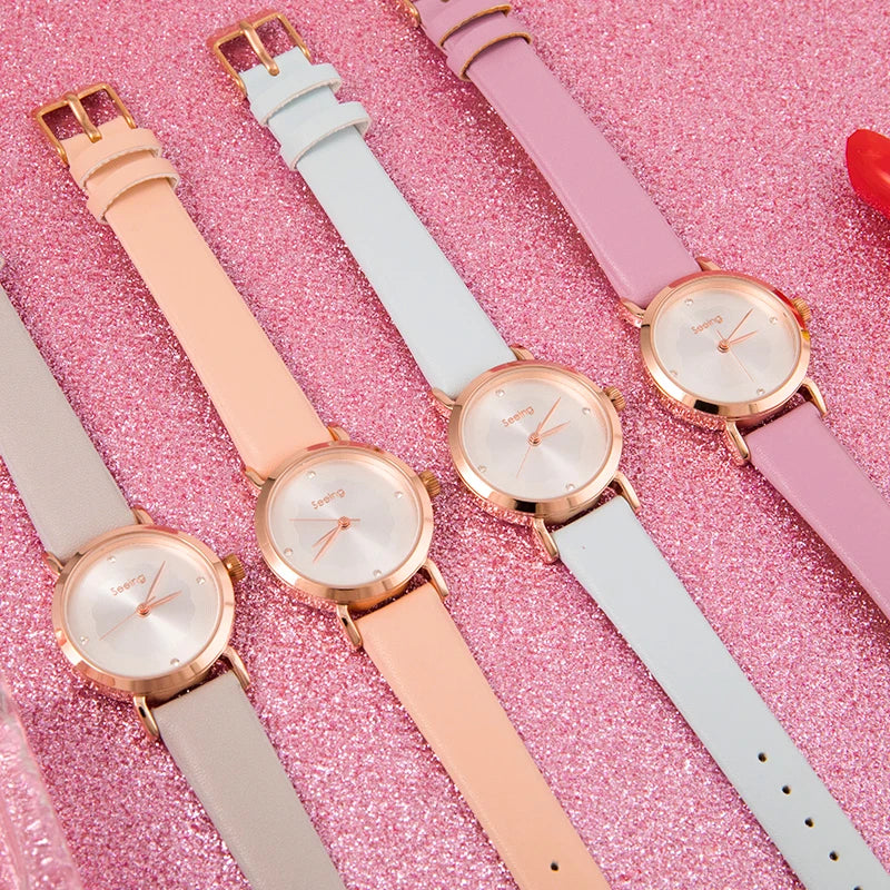 Custom Design Floral Sunray Dial Colorful Leather Bracelet Hand Watch for Woman Tiny Student Girls Wrist Watches